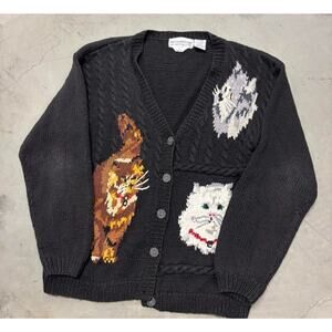 Eagles Eye Cat Kitten Knit Cardigan Cotton Blend Hand Knit L